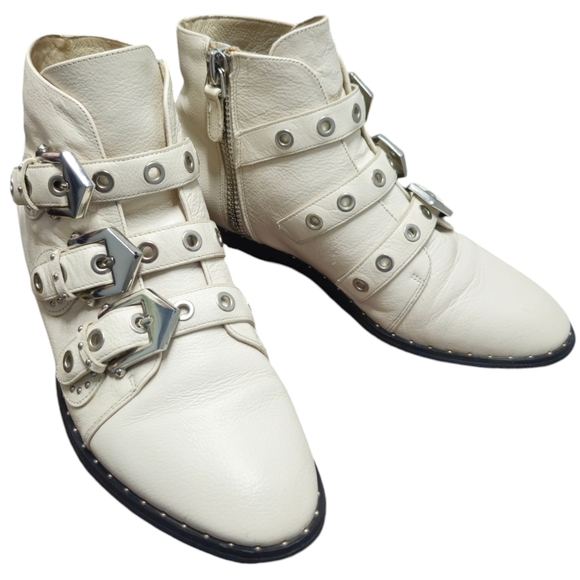 Sol Sana Maxwell Silver Buckle White Leather Booties size 39/8-8.5 - Picture 1 of 9